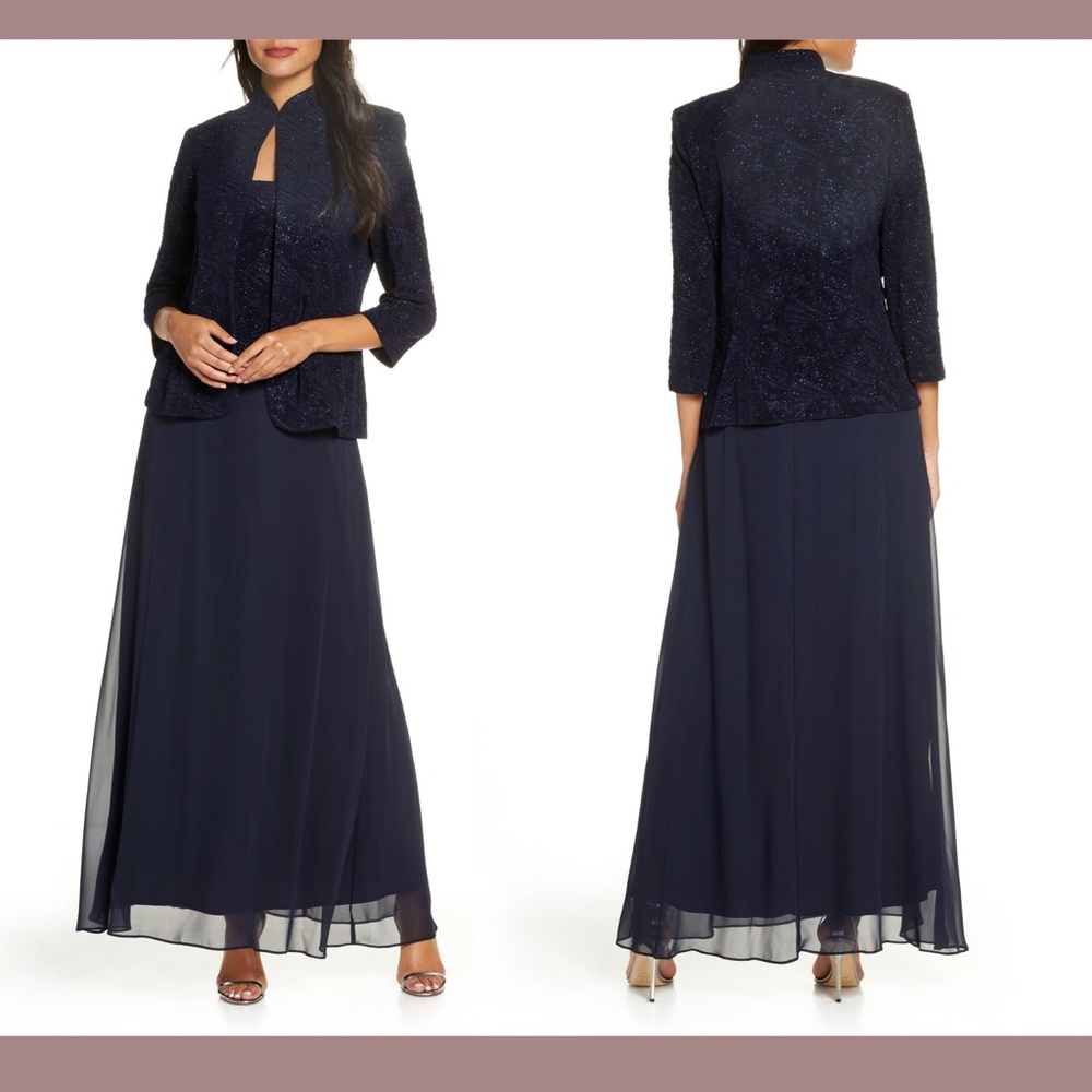 NWT $209 Alex Evenings [‎ 10 ] Sequin Mock Gown with Jacket in Navy Blue